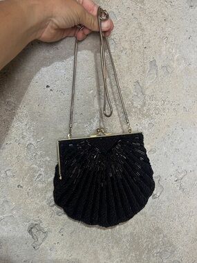 Vintage Andre Cellini black beaded scallop shape shoulder purse clutch